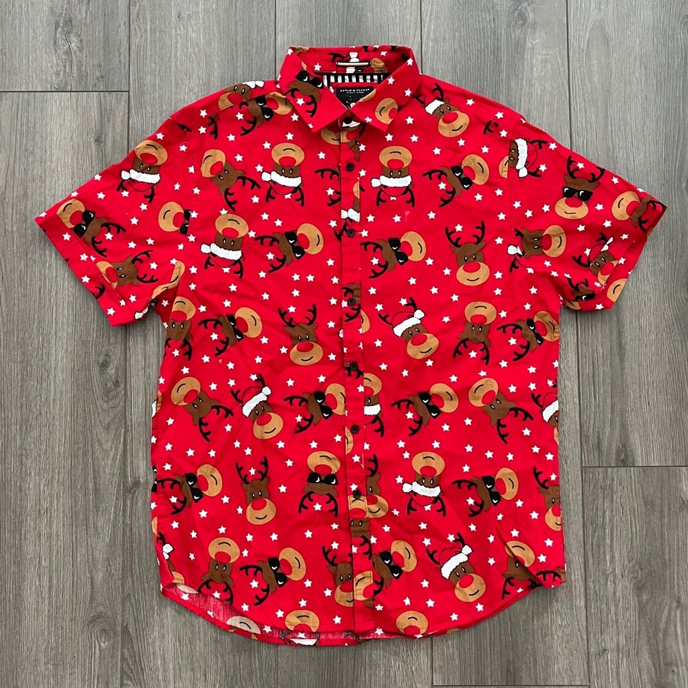 Denim & Flower Mens Reindeer Christmas Button Down Shirt Red Large Short Sleeve